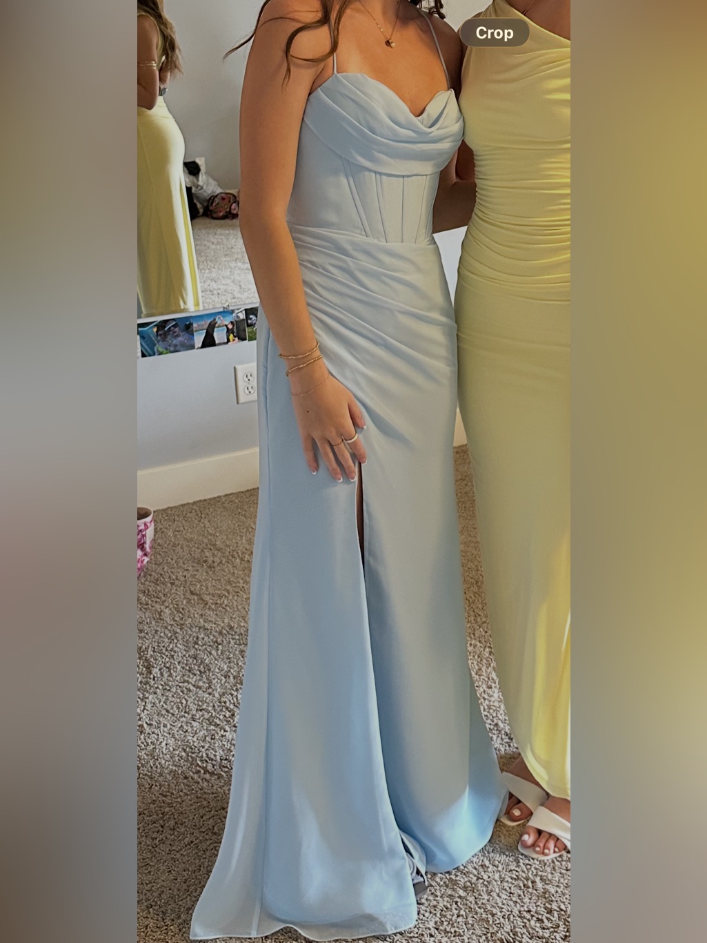 Elegant Light Blue Ruched Formal Dress With Side Slit, Size Small